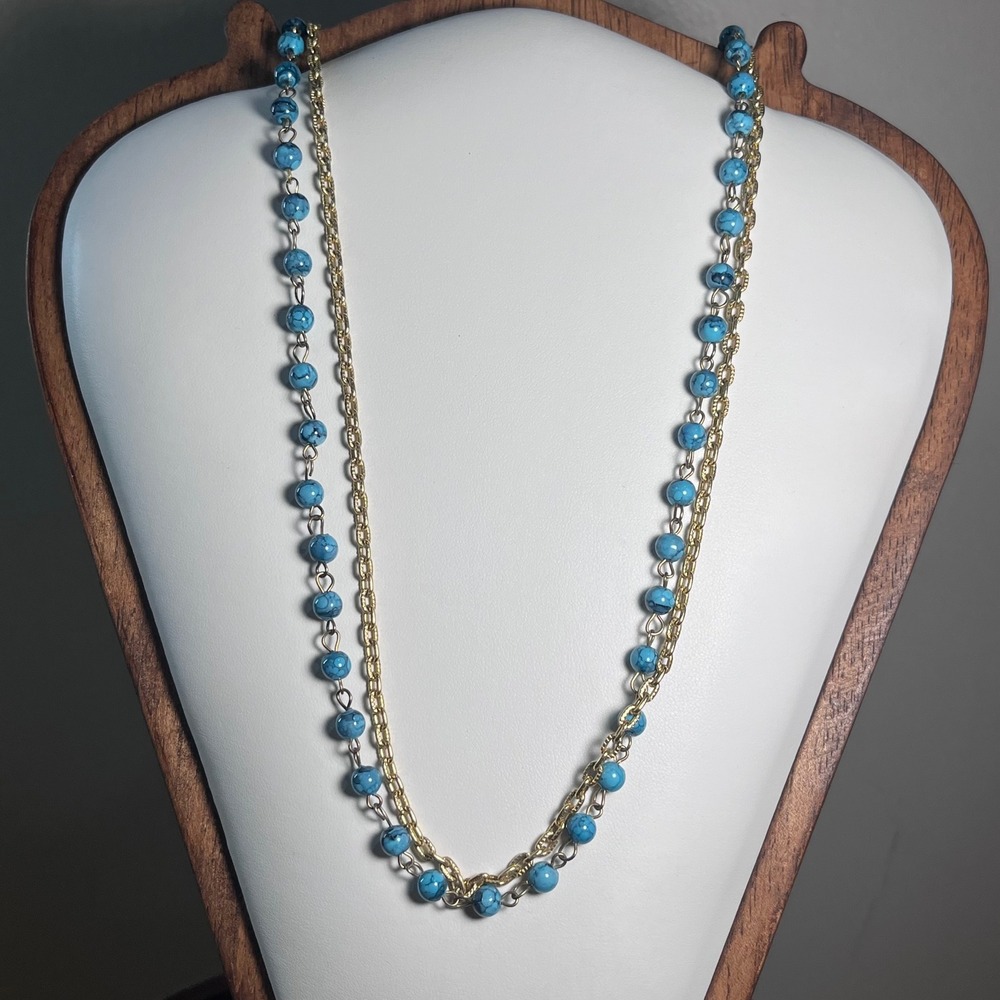 Vtg Long‎ Blue Marbled Bead Textured Gold Tone Chain Necklace 46 Inch